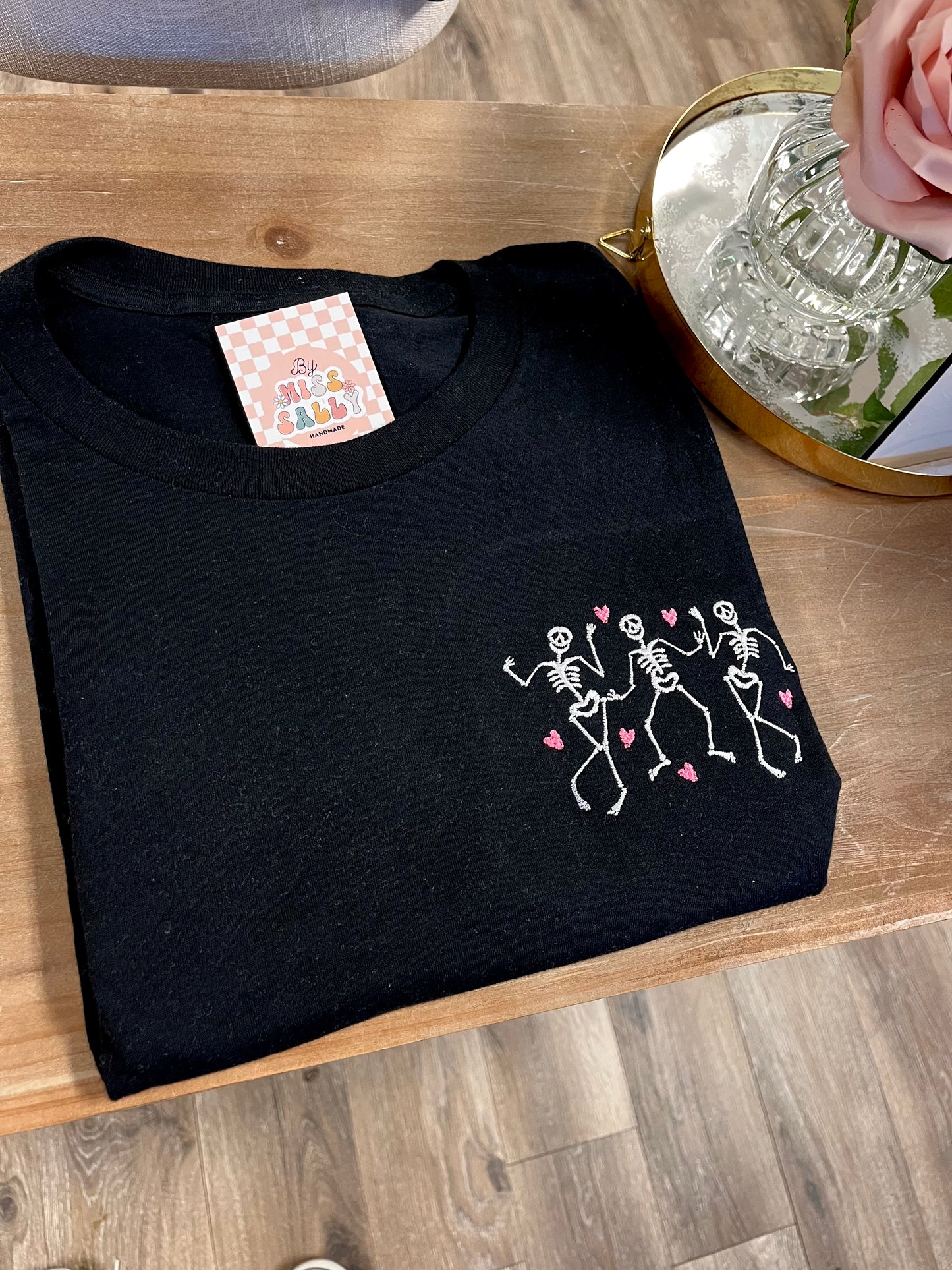 Embroidered Valentines Day Dancing Skeletons Tee