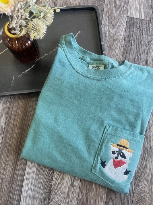 Embroidered Cowboy Raccoon Pocket Tee