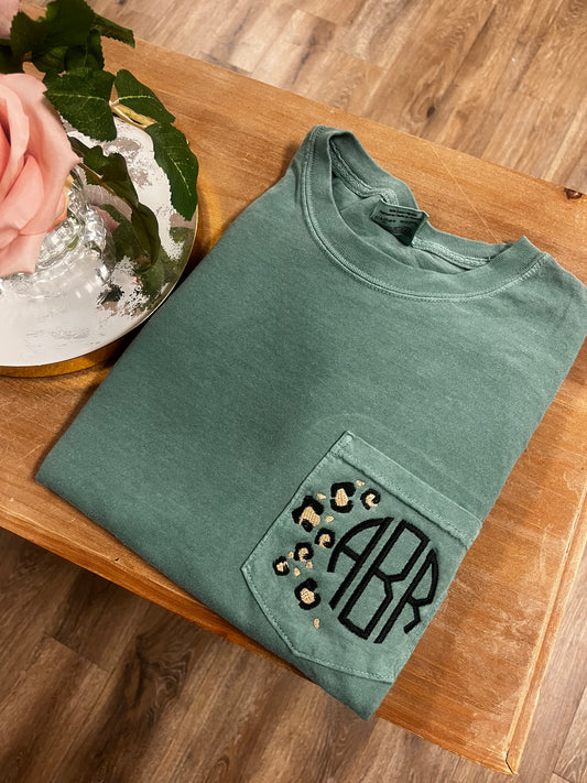 Embroidered Leopard Monogram Pocket Tee