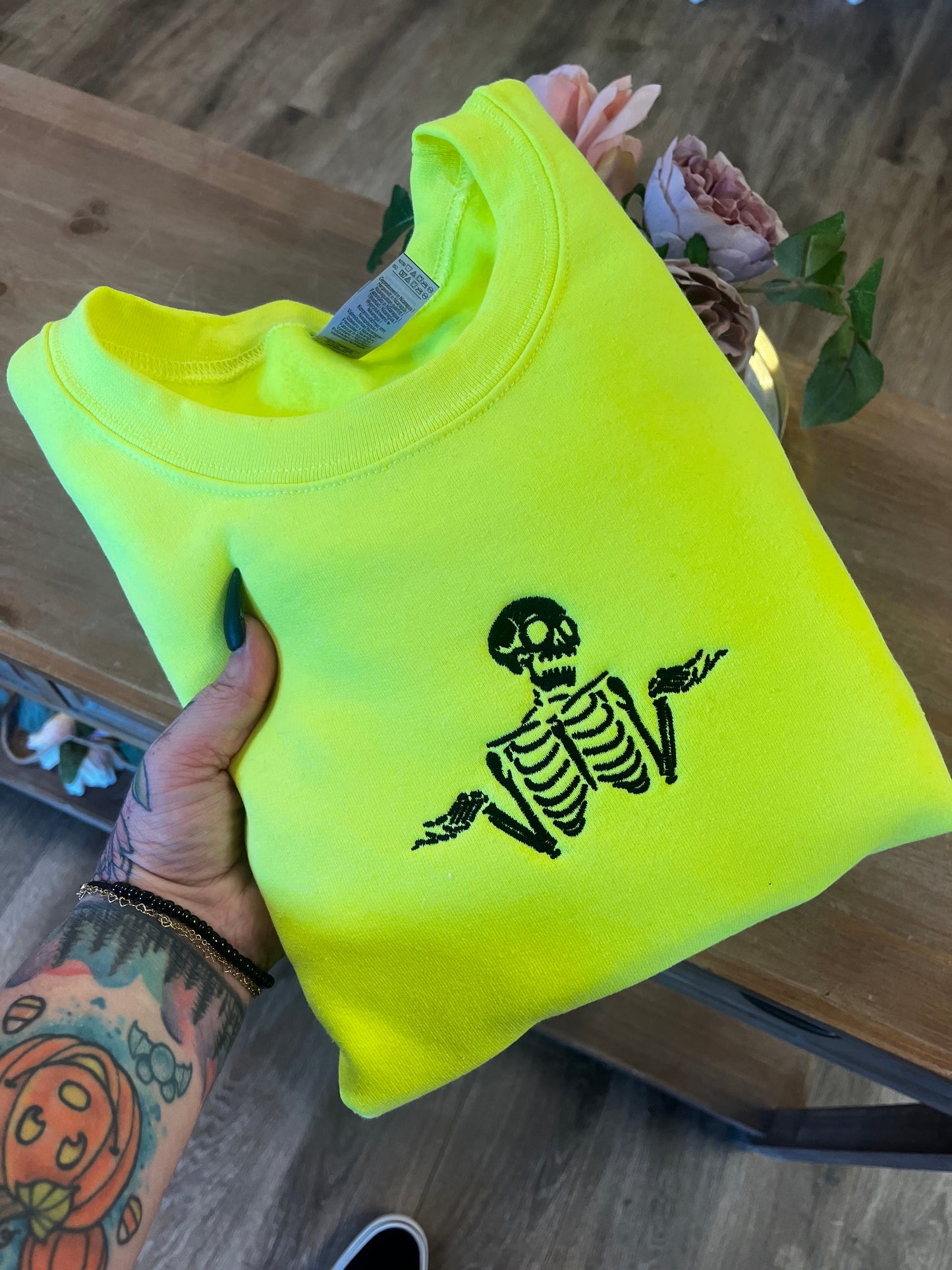 Shrugging Skeleton Sweatshirt — Neon Yellow