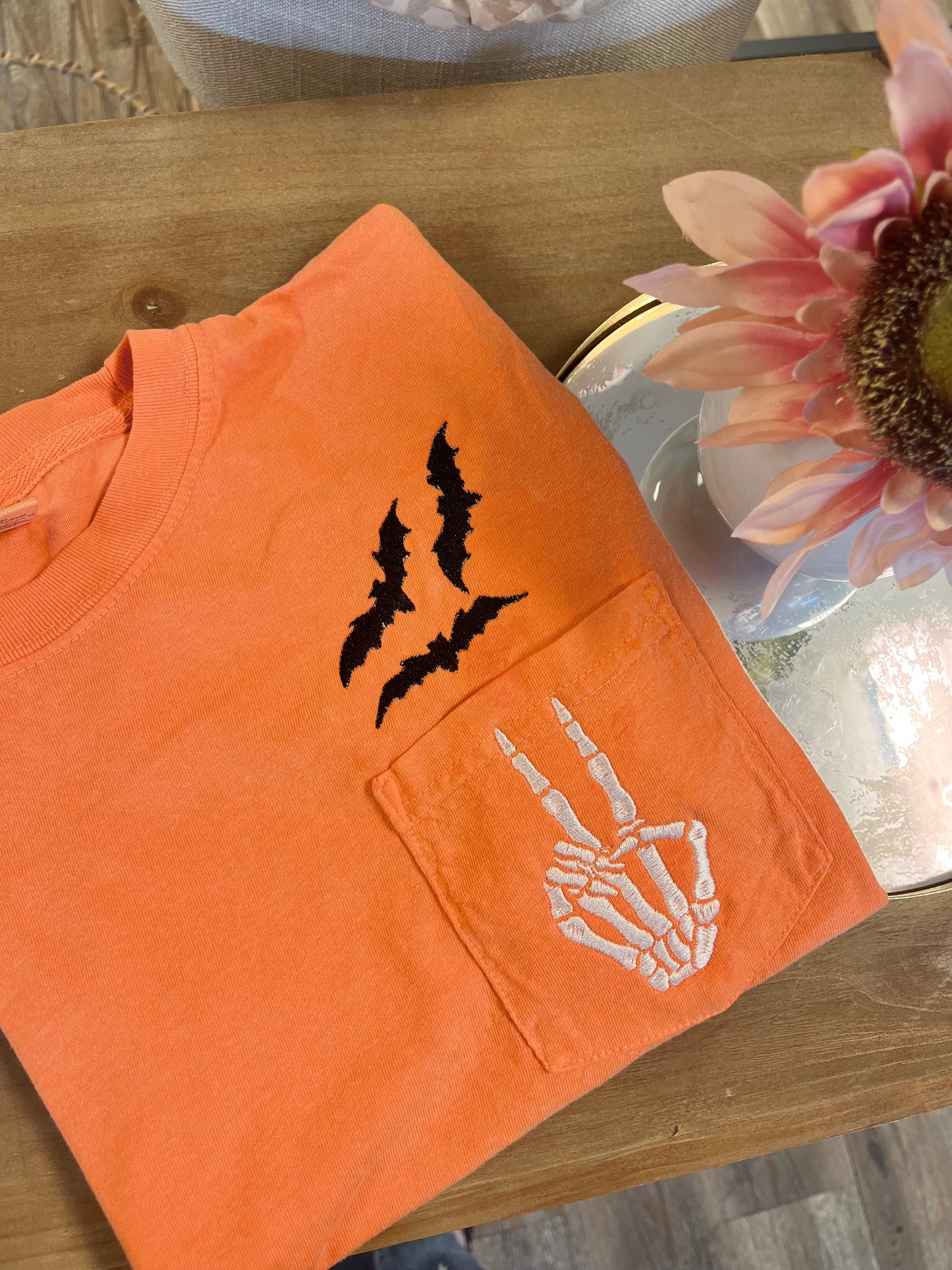 Embroidered Skeleton & Bats Pocket Tshirt
