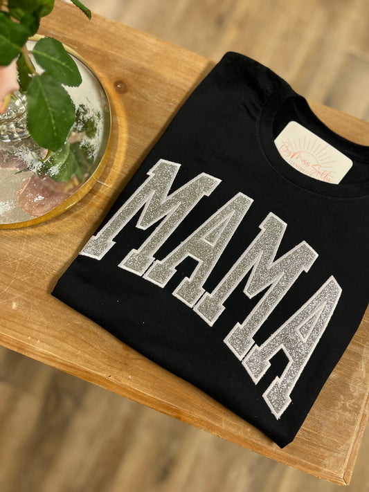 Embroidered Glitter Mama Tee