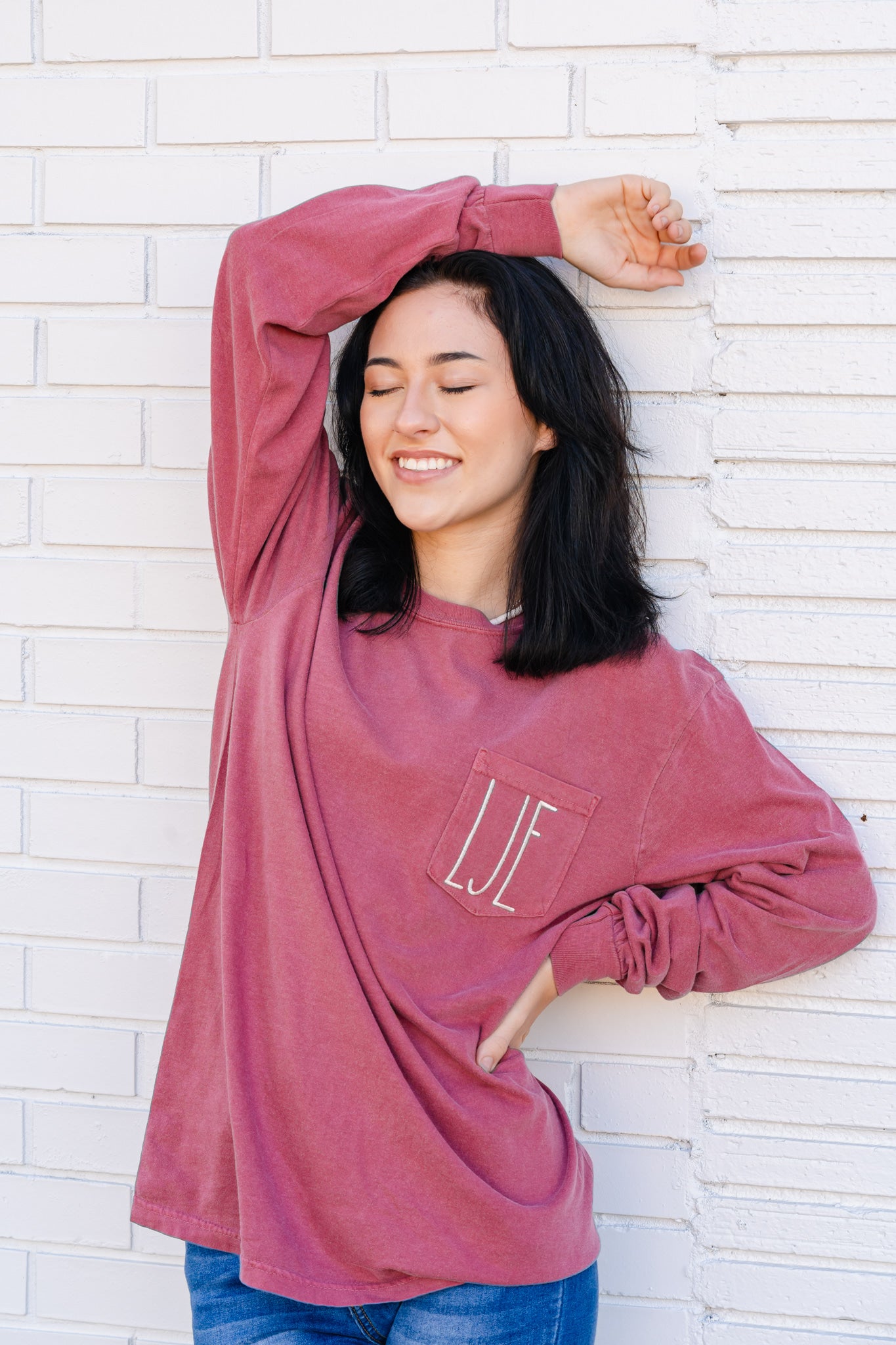 Embroidered Monogram Long Sleeve Pocket Tee