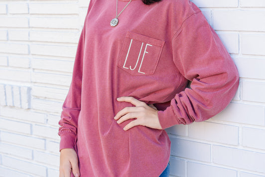 Embroidered Monogram Long Sleeve Pocket Tee
