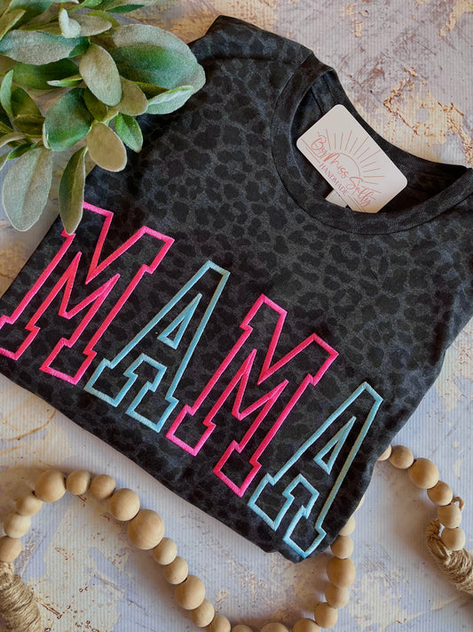 Embroidered Mama Tee - Pink and Blue