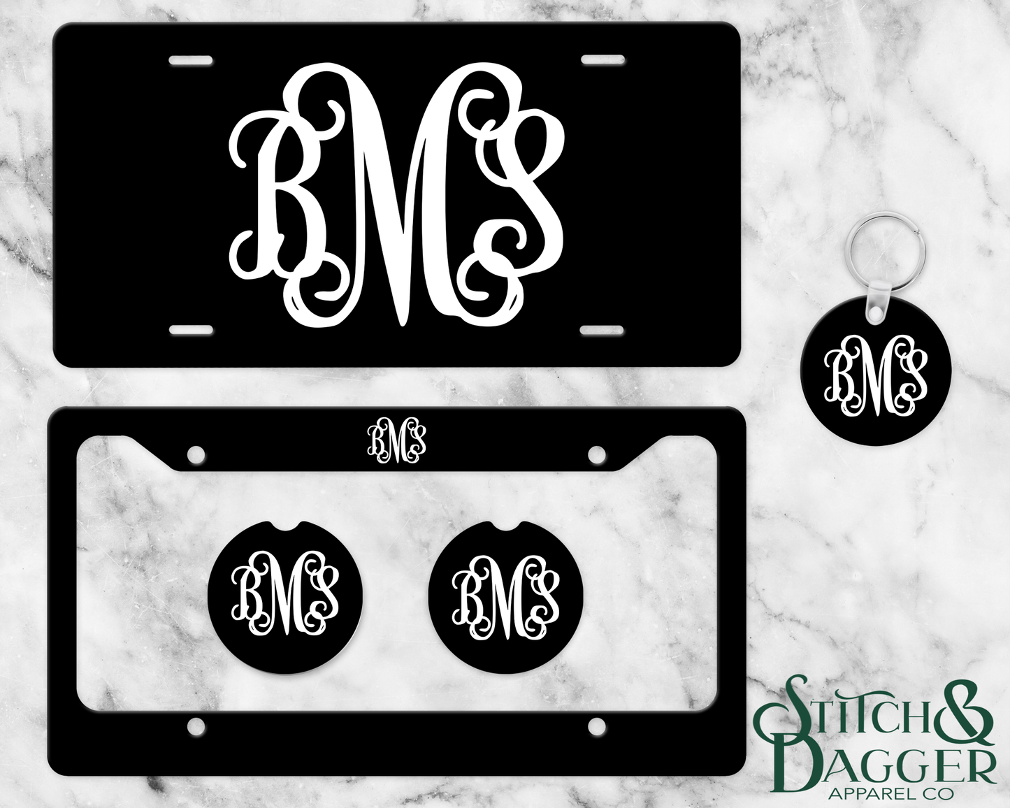 Black and White Monogram License Plate Set