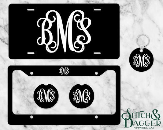 Black and White Monogram License Plate Set