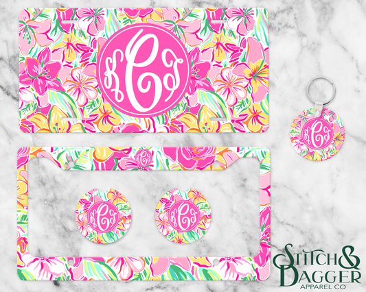 Bright Pink Floral Monogram License Plate Set