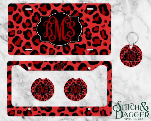 Red Leopard Monogram License Plate Set