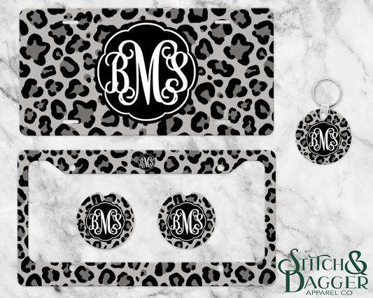 Grey Leopard Monogram License Plate Set
