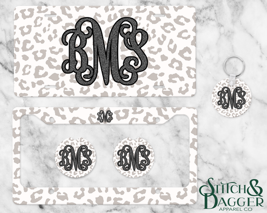 Neutral Leopard & Faux Glitter Monogram License Plate Set