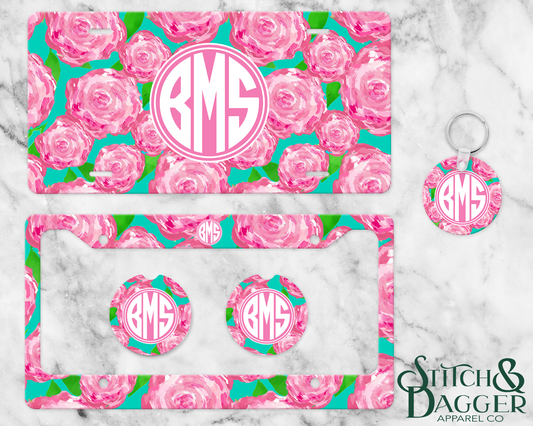 Preppy Rose Monogram License Plate Set