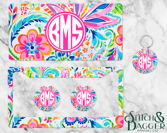 Rainbow Floral Monogram License Plate Set