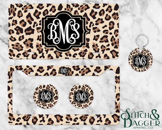 Natural Leopard Monogram License Plate Set