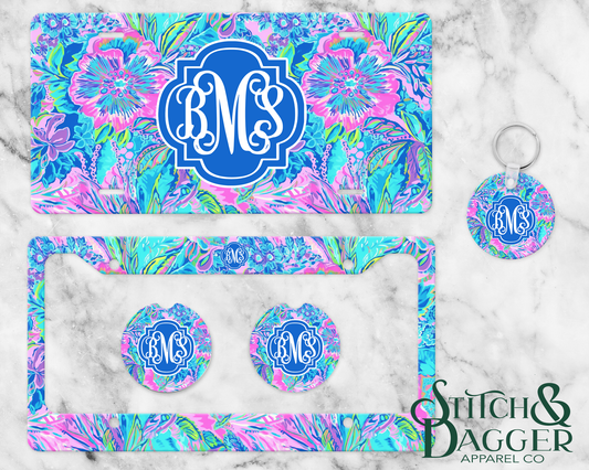Blue Preppy Floral Monogram License Plate Set