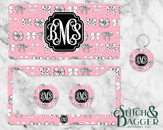 Pink Bows Monogram License Plate Set