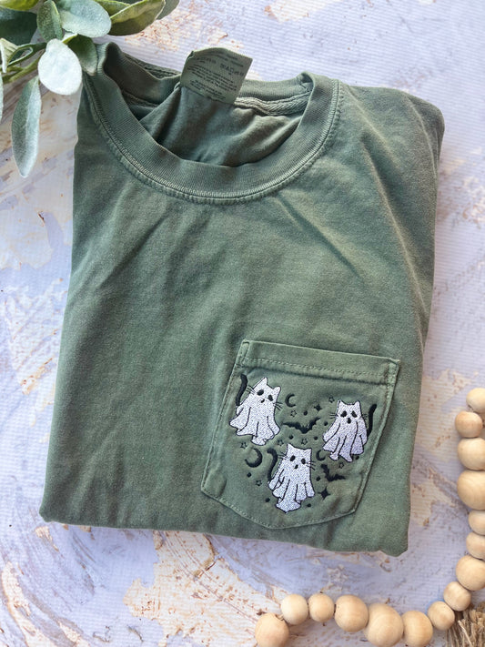 Embroidered Ghost Cats Tee in Moss