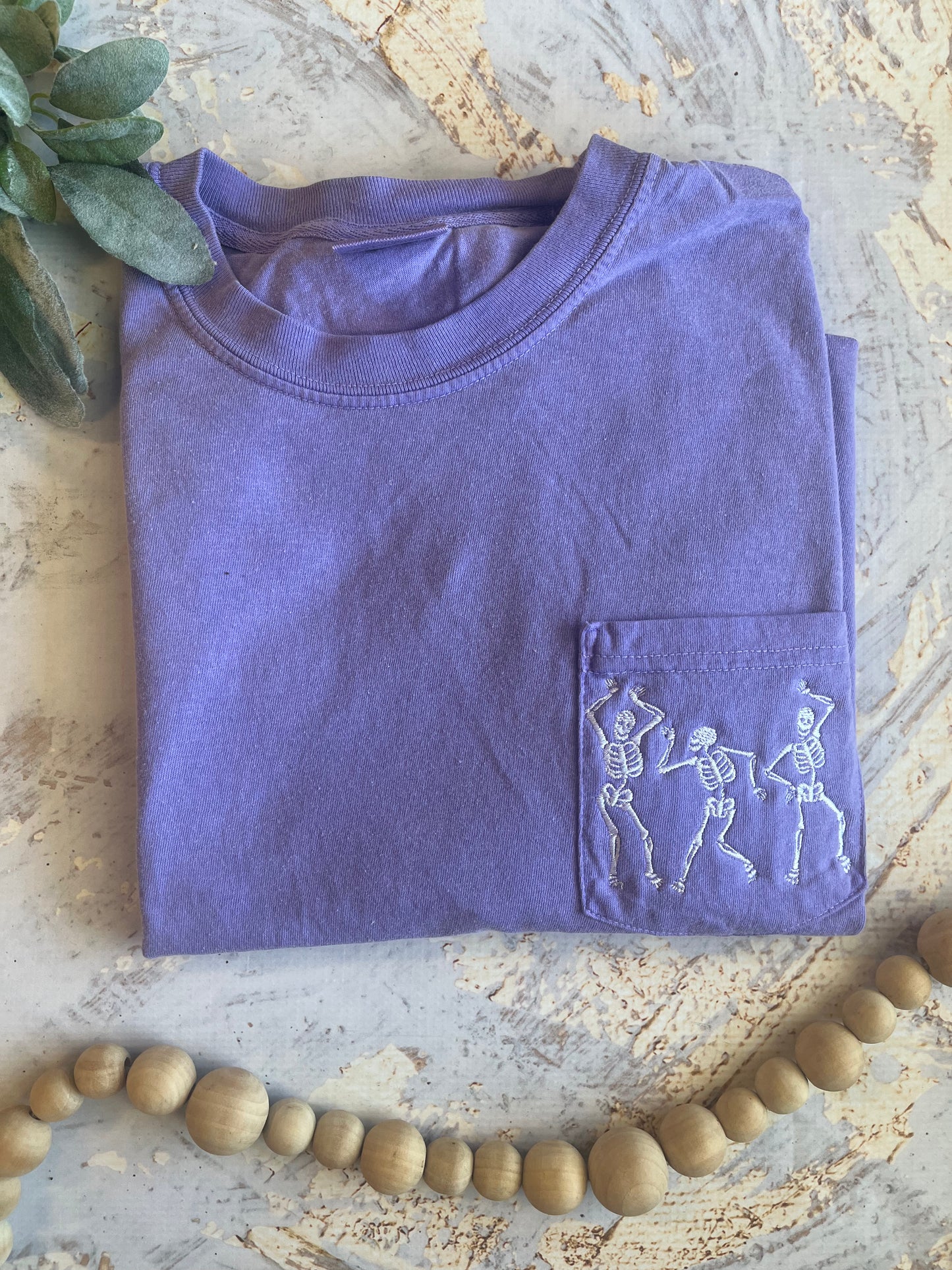 Embroidered Dancing Skeletons Tee in Violet