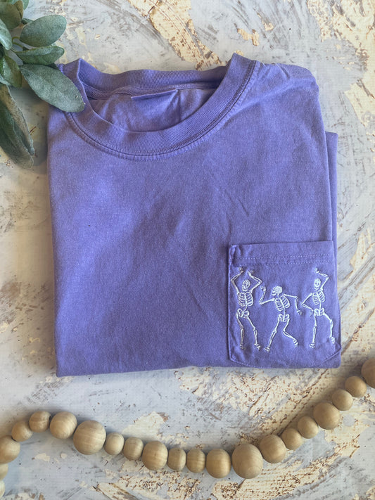 Embroidered Dancing Skeletons Tee in Violet