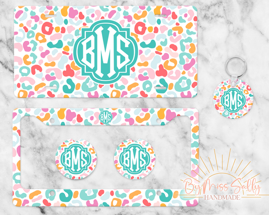 Monogram License Plate Set in Bright Leopard